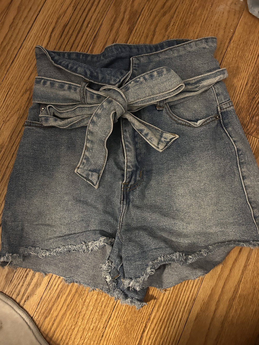 AKIRA Light Blue Paperbag Waist Denim Shorts with Tie